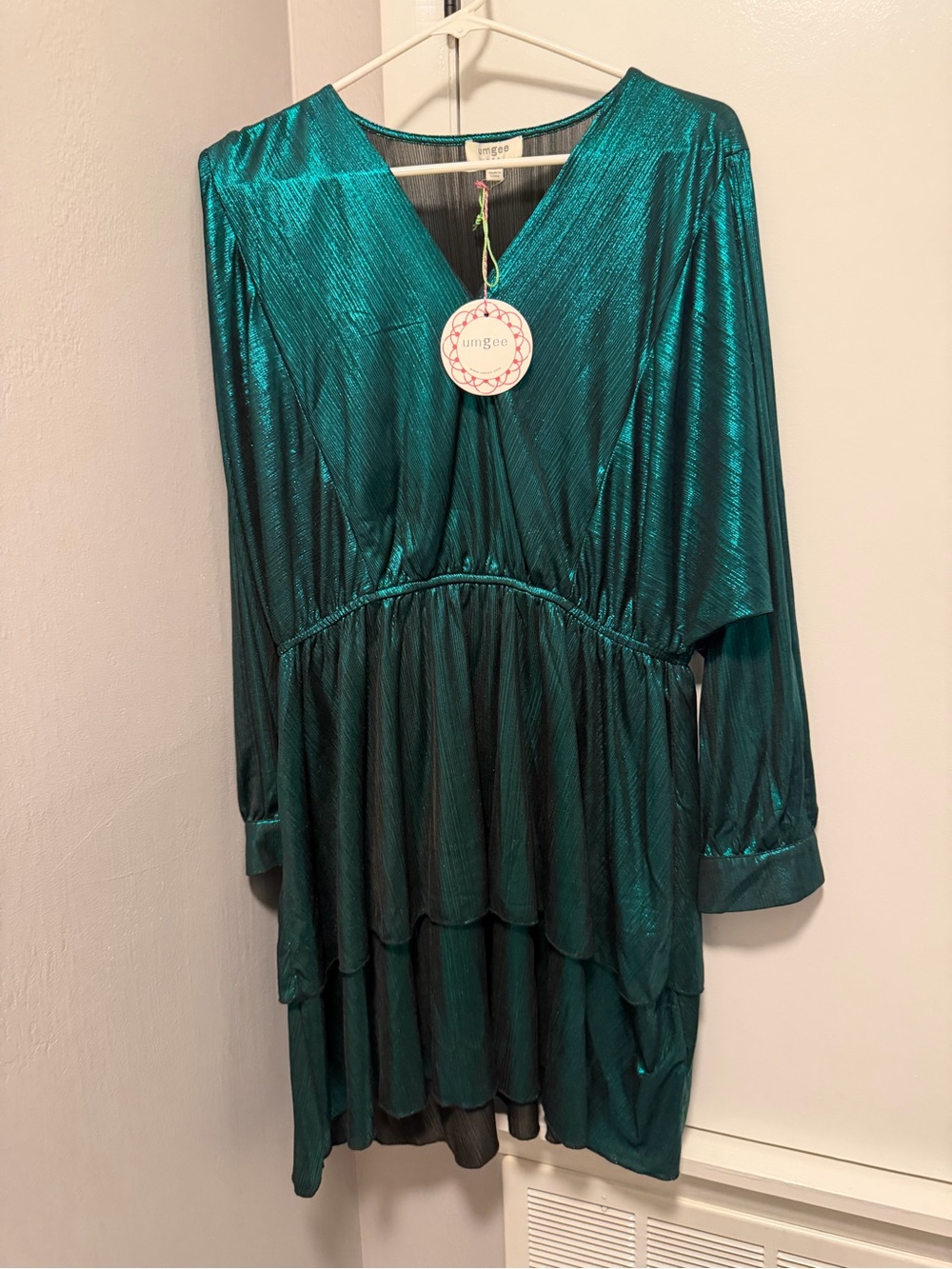 Umgee Teal Metallic V-Neck Tiered Party Dress